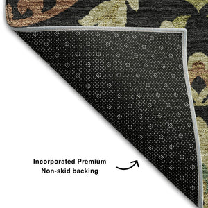 HomeRoots 10' X 14' Washable Black, Gold & Copper Floral Area Rug with UV Protection for Stylish Living Spaces 663191