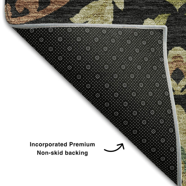 HomeRoots 10' X 14' Washable Black, Gold & Copper Floral Area Rug with UV Protection for Stylish Living Spaces 663191