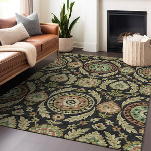 HomeRoots 10' X 14' Washable Black, Gold & Copper Floral Area Rug with UV Protection for Stylish Living Spaces 663191