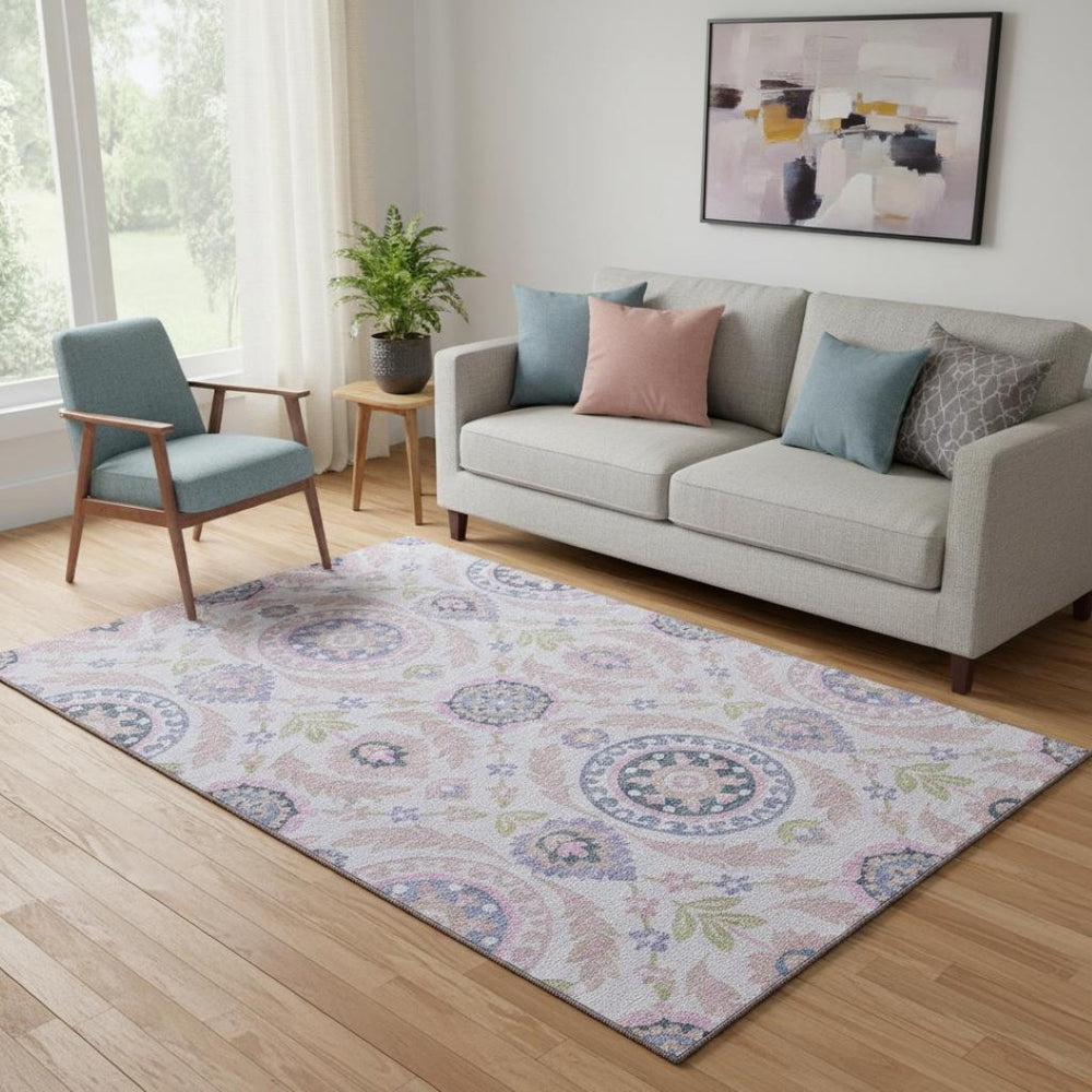 HomeRoots 5' X 8' Blush Purple & Green Floral Washable Area Rug – Durable, Stain-Resistant & UV Protected! 663193
