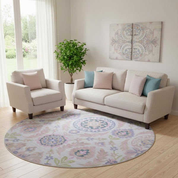 HomeRoots 8' Blush Purple & Green Floral Round Rug - Washable, UV Protected, Stain Resistant for Family Homes 663194