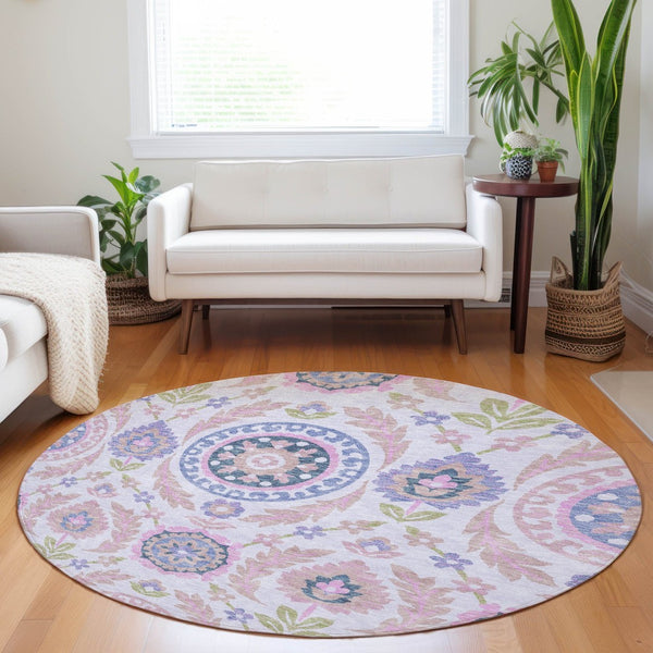 HomeRoots 8' Blush Purple & Green Floral Round Rug - Washable, UV Protected, Stain Resistant for Family Homes 663194