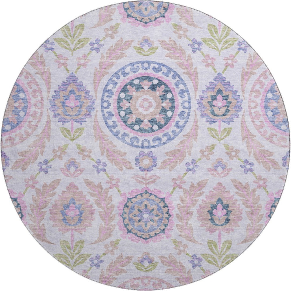 HomeRoots 8' Blush Purple & Green Floral Round Rug - Washable, UV Protected, Stain Resistant for Family Homes 663194