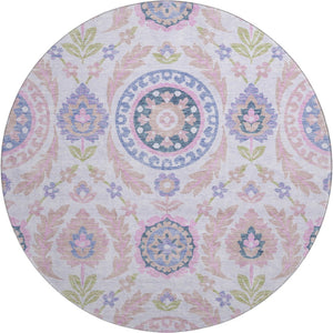 HomeRoots 8' Blush Purple & Green Floral Round Rug - Washable, UV Protected, Stain Resistant for Family Homes 663194