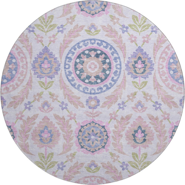 HomeRoots 8' Blush Purple & Green Floral Round Rug - Washable, UV Protected, Stain Resistant for Family Homes 663194