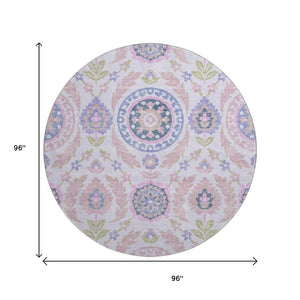 HomeRoots 8' Blush Purple & Green Floral Round Rug - Washable, UV Protected, Stain Resistant for Family Homes 663194