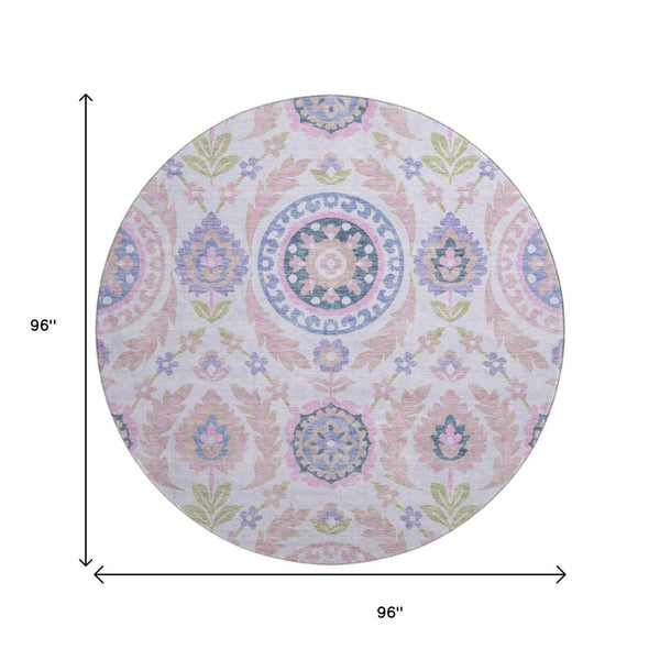 HomeRoots 8' Blush Purple & Green Floral Round Rug - Washable, UV Protected, Stain Resistant for Family Homes 663194