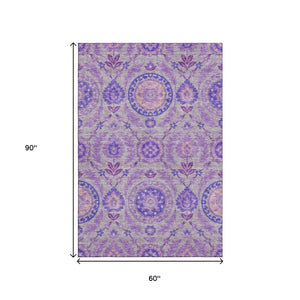 HomeRoots 5' X 8' Elegant Lavender Gray & Peach Floral Washable Area Rug with UV Protection for Style & Durability 663205