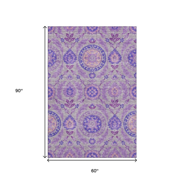 HomeRoots 5' X 8' Elegant Lavender Gray & Peach Floral Washable Area Rug with UV Protection for Style & Durability 663205
