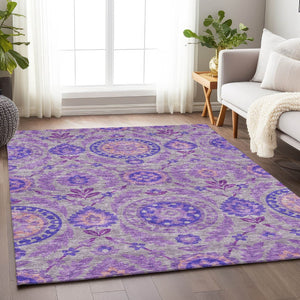 HomeRoots 5' X 8' Elegant Lavender Gray & Peach Floral Washable Area Rug with UV Protection for Style & Durability 663205