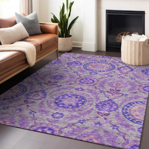 HomeRoots 5' X 8' Elegant Lavender Gray & Peach Floral Washable Area Rug with UV Protection for Style & Durability 663205