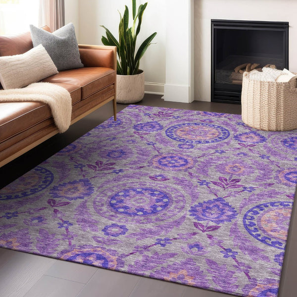 HomeRoots 5' X 8' Elegant Lavender Gray & Peach Floral Washable Area Rug with UV Protection for Style & Durability 663205