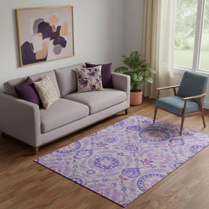 HomeRoots 5' X 8' Elegant Lavender Gray & Peach Floral Washable Area Rug with UV Protection for Style & Durability 663205