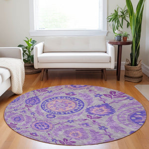 HomeRoots 8' Elegant Lavender Gray and Peach Floral Round Rug - Washable, UV Protected, Pet-Friendly Home Decor 663206
