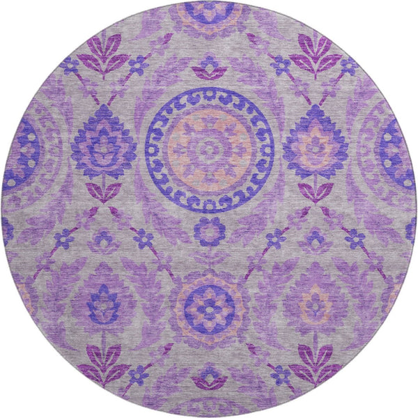 HomeRoots 8' Elegant Lavender Gray and Peach Floral Round Rug - Washable, UV Protected, Pet-Friendly Home Decor 663206