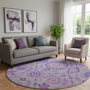 HomeRoots 8' Elegant Lavender Gray and Peach Floral Round Rug - Washable, UV Protected, Pet-Friendly Home Decor 663206