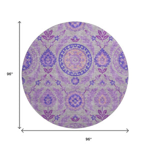 HomeRoots 8' Elegant Lavender Gray and Peach Floral Round Rug - Washable, UV Protected, Pet-Friendly Home Decor 663206