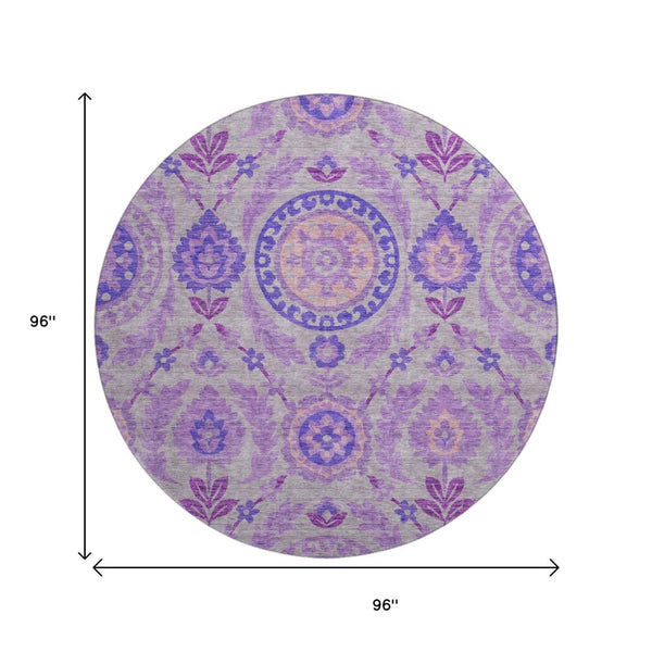 HomeRoots 8' Elegant Lavender Gray and Peach Floral Round Rug - Washable, UV Protected, Pet-Friendly Home Decor 663206