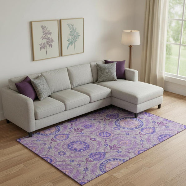 HomeRoots 9' X 12' Elegant Floral Area Rug in Lavender Gray & Peach - Washable, Stain Resistant & UV Protected 663208