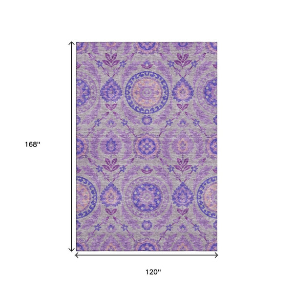 HomeRoots 10' X 14' Floral Area Rug in Lavender Gray and Peach – Washable, UV-Protected, Durable Design for Families 663209