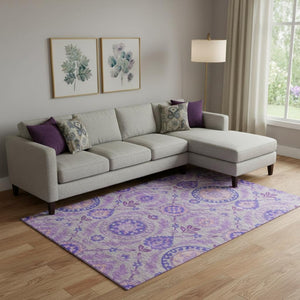 HomeRoots 10' X 14' Floral Area Rug in Lavender Gray and Peach – Washable, UV-Protected, Durable Design for Families 663209