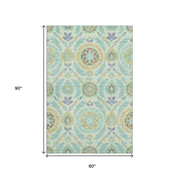 HomeRoots 5' Washable Mint Green, Blue & Beige Floral Area Rug with UV Protection - Durable & Easy Care Design 663211