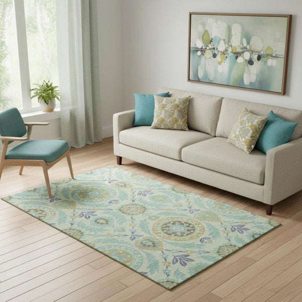 HomeRoots 5' Washable Mint Green, Blue & Beige Floral Area Rug with UV Protection - Durable & Easy Care Design 663211