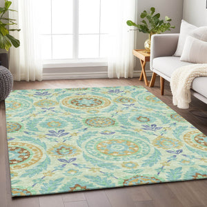 HomeRoots 5' Washable Mint Green, Blue & Beige Floral Area Rug with UV Protection - Durable & Easy Care Design 663211
