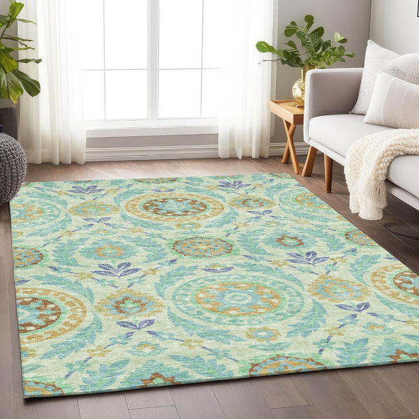 HomeRoots 5' Washable Mint Green, Blue & Beige Floral Area Rug with UV Protection - Durable & Easy Care Design 663211