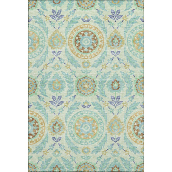 HomeRoots 5' Washable Mint Green, Blue & Beige Floral Area Rug with UV Protection - Durable & Easy Care Design 663211