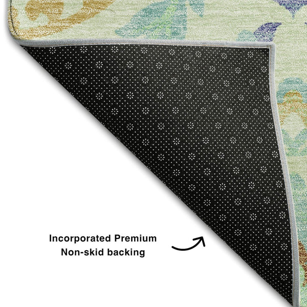 HomeRoots 5' Washable Mint Green, Blue & Beige Floral Area Rug with UV Protection - Durable & Easy Care Design 663211