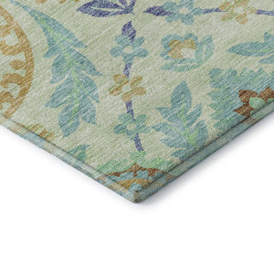 HomeRoots 5' Washable Mint Green, Blue & Beige Floral Area Rug with UV Protection - Durable & Easy Care Design 663211