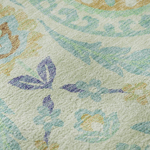HomeRoots 5' Washable Mint Green, Blue & Beige Floral Area Rug with UV Protection - Durable & Easy Care Design 663211