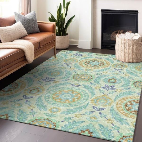 HomeRoots 5' Washable Mint Green, Blue & Beige Floral Area Rug with UV Protection - Durable & Easy Care Design 663211