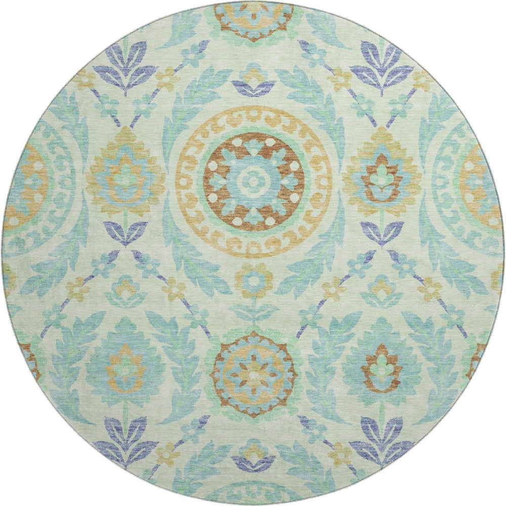 HomeRoots 8' Floral Washable Round Rug in Mint Green, Blue & Beige - Durable, UV-Protected, Easy-Care Design 663212