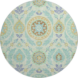 HomeRoots 8' Floral Washable Round Rug in Mint Green, Blue & Beige - Durable, UV-Protected, Easy-Care Design 663212