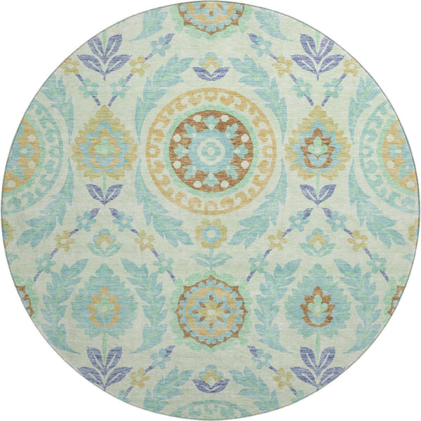 HomeRoots 8' Floral Washable Round Rug in Mint Green, Blue & Beige - Durable, UV-Protected, Easy-Care Design 663212