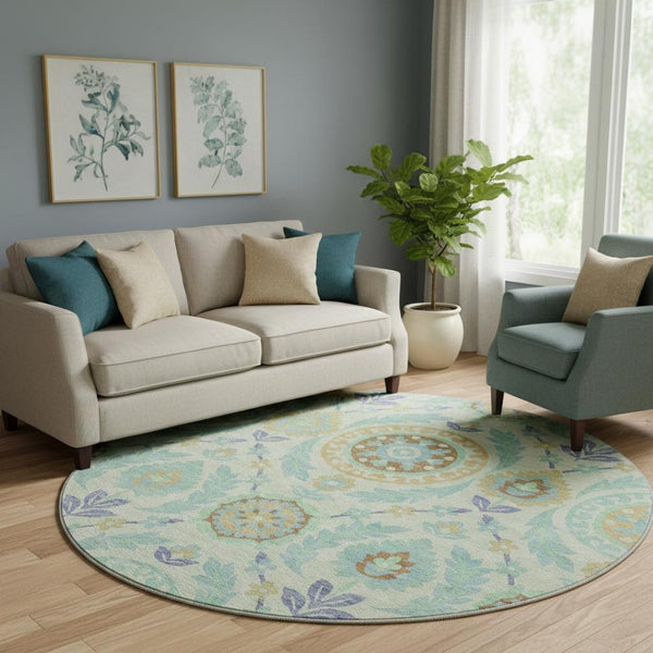 HomeRoots 8' Floral Washable Round Rug in Mint Green, Blue & Beige - Durable, UV-Protected, Easy-Care Design 663212