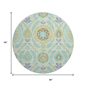 HomeRoots 8' Floral Washable Round Rug in Mint Green, Blue & Beige - Durable, UV-Protected, Easy-Care Design 663212
