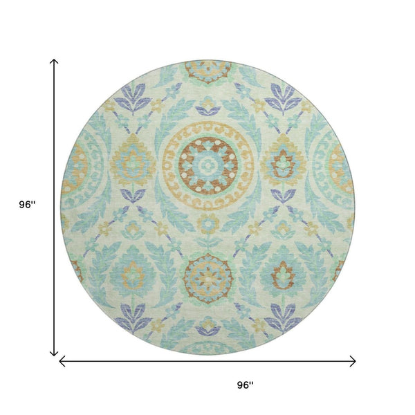 HomeRoots 8' Floral Washable Round Rug in Mint Green, Blue & Beige - Durable, UV-Protected, Easy-Care Design 663212