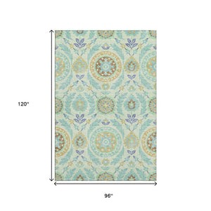 HomeRoots 8' X 10' Vibrant Mint Green, Blue & Beige Floral Area Rug - Washable, UV Protected, Durable Design 663213