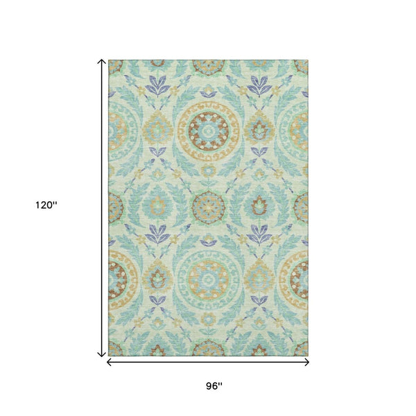 HomeRoots 8' X 10' Vibrant Mint Green, Blue & Beige Floral Area Rug - Washable, UV Protected, Durable Design 663213