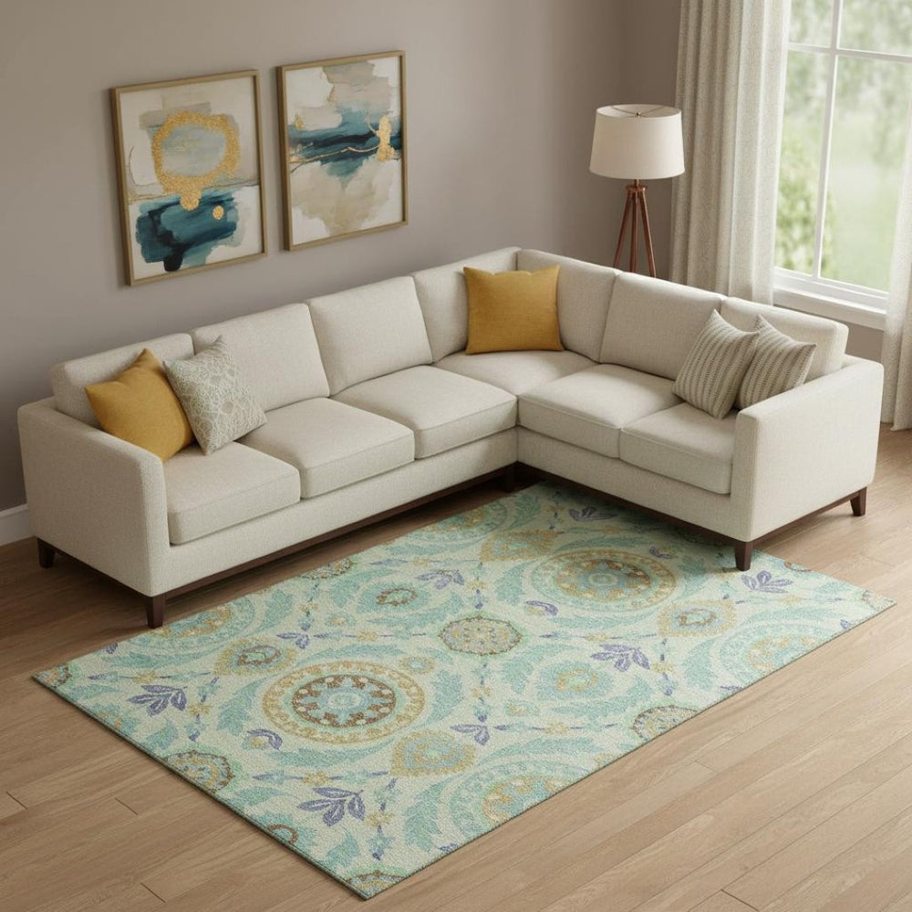 HomeRoots 8' X 10' Vibrant Mint Green, Blue & Beige Floral Area Rug - Washable, UV Protected, Durable Design 663213