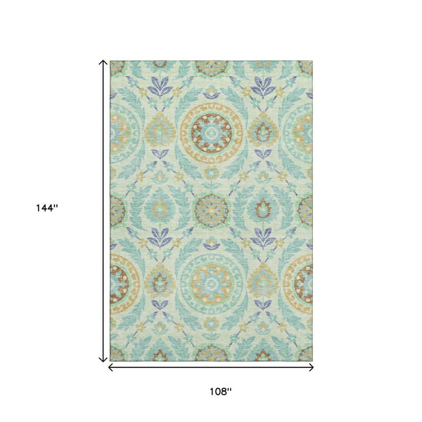 HomeRoots 9' X 12' Mint Green, Blue & Beige Floral Area Rug - Washable, UV-Protected, Stain-Resistant Design 663214