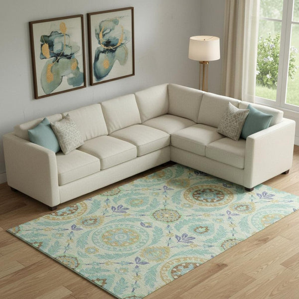 HomeRoots 9' X 12' Mint Green, Blue & Beige Floral Area Rug - Washable, UV-Protected, Stain-Resistant Design 663214