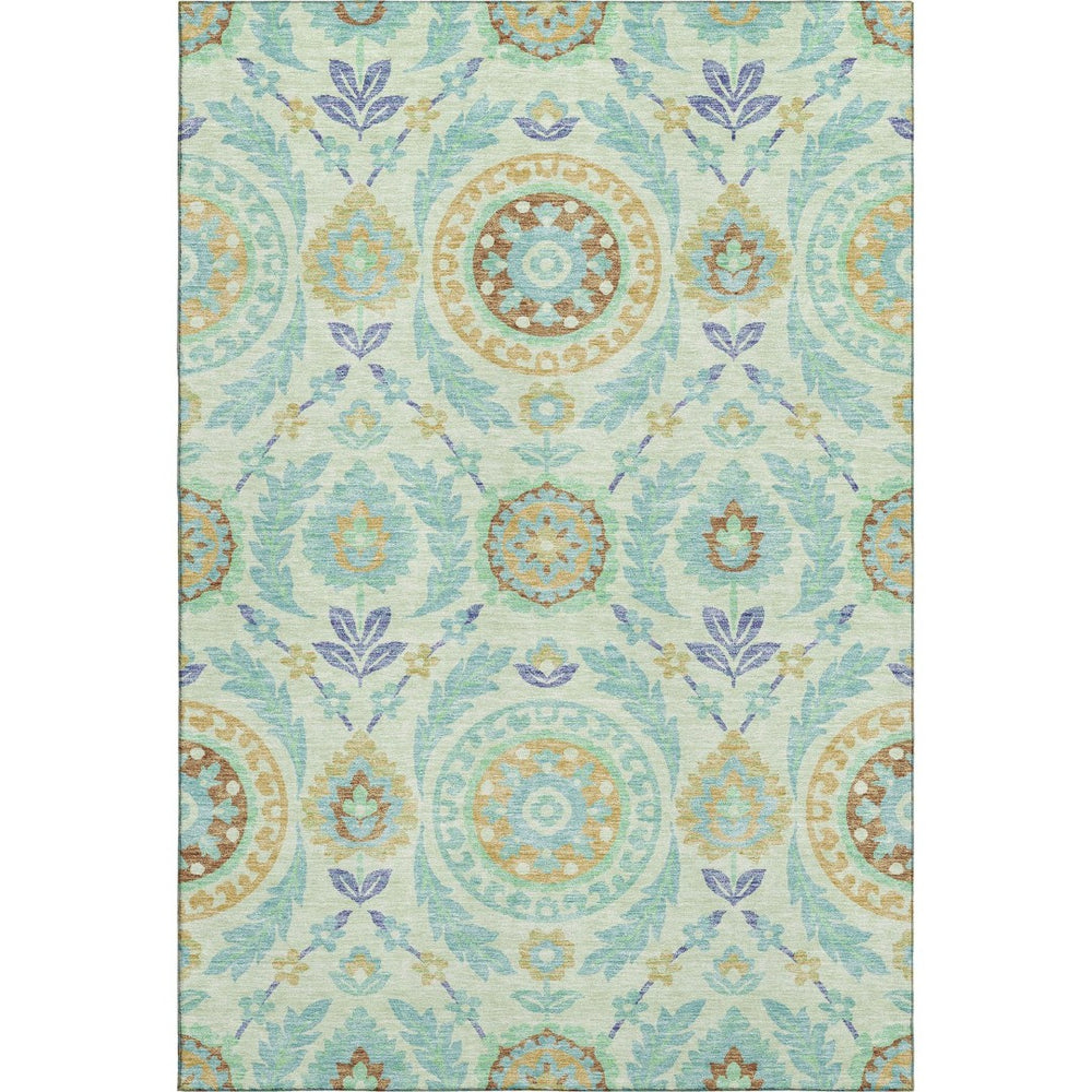 HomeRoots 9' X 12' Mint Green, Blue & Beige Floral Area Rug - Washable, UV-Protected, Stain-Resistant Design 663214