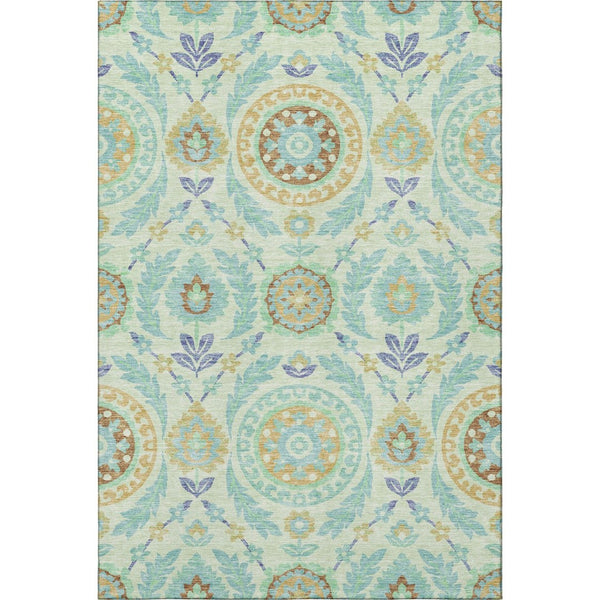 HomeRoots 9' X 12' Mint Green, Blue & Beige Floral Area Rug - Washable, UV-Protected, Stain-Resistant Design 663214