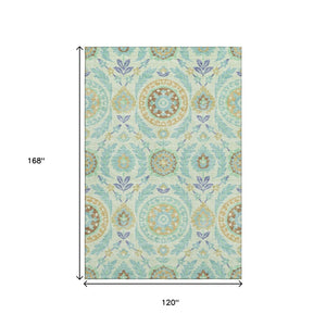 HomeRoots 10' Floral Washable Area Rug in Mint Green, Blue & Beige - UV Protected & Ideal for Busy Homes 663215