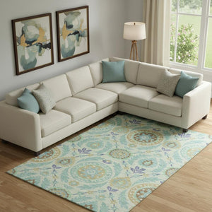 HomeRoots 10' Floral Washable Area Rug in Mint Green, Blue & Beige - UV Protected & Ideal for Busy Homes 663215