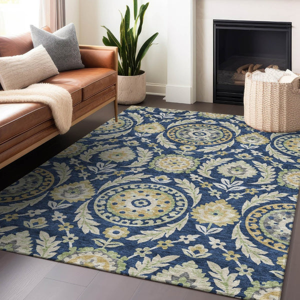 HomeRoots 5' X 8' Stylish Navy Blue Floral Area Rug with Gold and Beige Accents - Washable & UV Protected! 663217